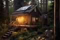 rustic cabin with rooftop solar panels in dense forest Royalty Free Stock Photo