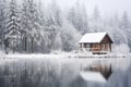 rustic cabin in snowfall by a frozen lake