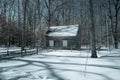 Rustic cabin in snowy woods in Michigan Royalty Free Stock Photo