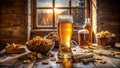 Rustic cabin sunset a pint of beer, snacks, and the warm glow of a window. Generative AI Royalty Free Stock Photo
