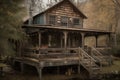 rustic cabin with weathered wooden siding and wrap around porch