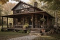 rustic cabin with weathered wooden siding and wrap around porch