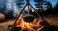 Camping Bonfire Cooking Pot Over Fire in Nature at Dusk Royalty Free Stock Photo