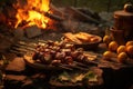 rustic campfire with shashlik skewers cast in golden light
