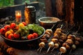 rustic campfire vegetable kabobs with mushrooms and cherry tomatoes Royalty Free Stock Photo