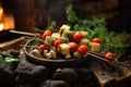 rustic campfire vegetable kabobs with mushrooms and cherry tomatoes Royalty Free Stock Photo