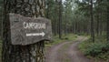 Rustic Campground sign on tree in mossy forest arrow pointing down winding path Royalty Free Stock Photo