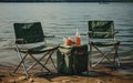 Rustic Camping Setup Folded Chairs and Cooler. Generative AI