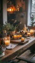 A rustic candle-making station with handmade candles and essential Royalty Free Stock Photo