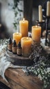A rustic candle-making station with handmade candles and essential Royalty Free Stock Photo