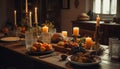 Rustic candlelight illuminates autumn still life on dining table generated by AI