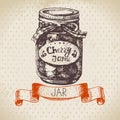 Rustic canning jar with cherry jam. Vintage hand drawn sketch design. Vector illustration Royalty Free Stock Photo