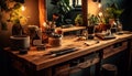 Rustic carpentry workshop with old fashioned tools and pottery collection generated by AI
