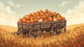Rustic cart with pumpkins in wheat field under autumn sky Royalty Free Stock Photo