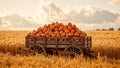 Rustic cart with pumpkins in wheat field under autumn sky Royalty Free Stock Photo