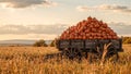Rustic cart with pumpkins in wheat field under autumn sky Royalty Free Stock Photo