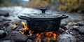 Rustic Cast Iron Dutch Oven cooking over an open BBQ fire Royalty Free Stock Photo