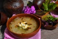 Rustic ceramic bowl of healthy cabbage soup, traditional russian cuisine Royalty Free Stock Photo