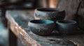 Rustic Ceramic Bowls on Wooden Table Royalty Free Stock Photo