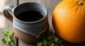 A rustic ceramic mug filled with black coffee sits next to a large, textured orange on a Royalty Free Stock Photo