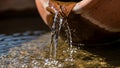 A rustic ceramic pot pours a clear stream of water into a pool below Royalty Free Stock Photo