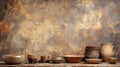 Rustic Ceramic Pottery Collection on Aged Textured Background Royalty Free Stock Photo