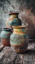 Rustic ceramic vases on a wooden surface, bohemian decor concept Royalty Free Stock Photo
