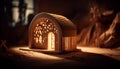 Rustic chapel glows with Christmas decorations and candlelight generated by AI