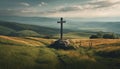 Rustic chapel on tranquil meadow, cross shaped landscape, heaven beauty generated by AI