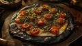 Rustic Charcoal Pizza with Burst Cherry Tomatoes and Basil Royalty Free Stock Photo