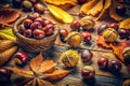 Rustic Charm of Autumn A Vintage Still Life Featuring Chestnuts Evoking a Warm and Cozy Fall Atmosphere A