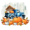 Rustic Charm Blue Pickup Truck Adorned with Pumpkins