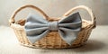 Rustic Charm Elegant Gray Bow Adorns a Woven Basket Perfect Rustic Spring Decor on a White Background Royalty Free Stock Photo