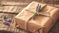 Rustic charm exudes from a brown kraft paper-wrapped gift, secured with twine and adorned with delicate lavender sprigs