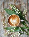 Rustic charm. Heart-shaped coffee latte art with lily of the valley bouquet on weathered wood. Royalty Free Stock Photo