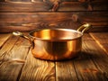 Rustic Charm Meets Modern Elegance Aged Copper Kitchenware on a Warm Wooden Surface A captivating image showcasing a Royalty Free Stock Photo