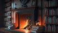 Rustic Charm meets Modern Elegance, A Fireplace and a Wall of Books for Book Lovers, Generative AI Royalty Free Stock Photo