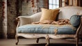 Rustic Charm: Vintage Chiffon Chaise Lounge With Distressed Indigo And Gold Design