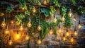 Rustic Charm and Warm Illumination Hanging Light Bulbs on a Stone VineCovered Wall a Double Exposure of Cozy Royalty Free Stock Photo