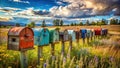 Rustic charm of weathered mailboxes in a vibrant field under a dramatic sunset sky. Generative AI Royalty Free Stock Photo