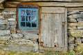 Rustic charm of a weathered wooden cabin with stone foundation at dusk