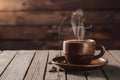 Rustic charm wooden coffee cup on table with steaming drink