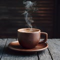 Rustic charm wooden coffee cup on table with steaming drink