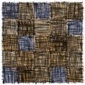 Rustic checkered mat with grunge striped rough square elemen in brown, blue ,grey, yellow colors isolated on white