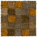 Rustic checkered mat with grunge striped rough square elements in yelow,beige,grey,blak colors Royalty Free Stock Photo
