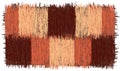 Rustic checkered rug with grunge striped square elements with fringe in brown, orange, beige colors isolated on white