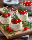 Rustic cheese appetizers with cherry tomatoes and rosemary on wooden board Royalty Free Stock Photo