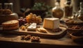 Rustic cheese plate with gourmet French delicacies generated by AI