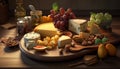 Rustic cheese platter with fresh fruit and wine generated by AI
