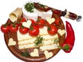 Rustic cheese platter with tomatoes, red pepper and knife